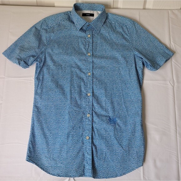 Diesel Shirt Men S Blue White Zigzag Wave Print Button Front Short Sleeve Logo - Picture 1 of 8